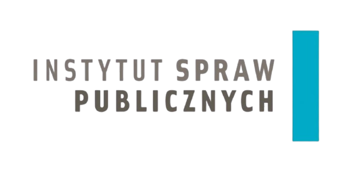 Zu sehen ist das Logo des Instytut Spraw Publicznych. Link steht der Name des Instituts in dunkelgrau, rechts davon ist ein fetter blauer Balken abgebildet.