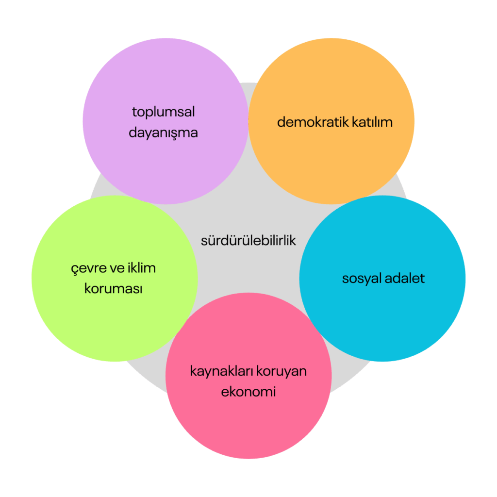 sosyal adalet, çevre ve iklim koruması, kaynakları koruyan ekonomi, demokratik katılım, toplumsal dayanışma